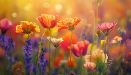 Obraz premium Wildflowers in bloom with vibrant colors, soft natural lighting, dynamic energy, peaceful nature, realism