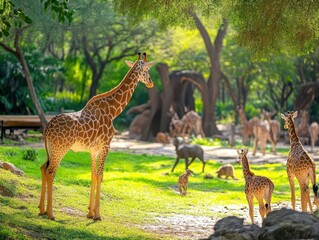 Wildlife in safari park with vibrant animals, soft natural lighting, dynamic energy, serene atmosphere, realism