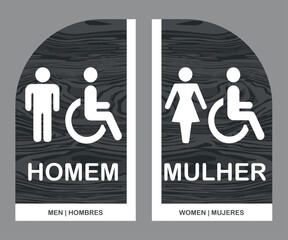 Placas para Banheiro, Ret&acirc;ngulo Estilizado Homem e Mulher. Arte em Madeira Cinza.