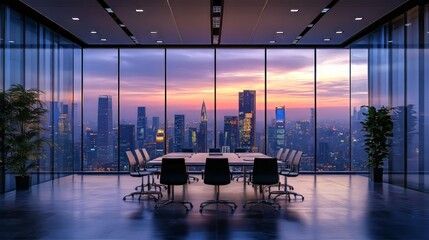 Modern office conference room with city skyline view. architecture conference rooms. Ultra realistic. Photorealistic hypermaximalist advertising photography hyper realistic fine detail