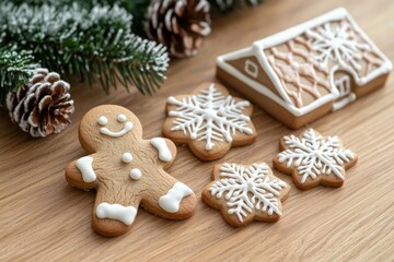A gingerbread man and snowflake cookies are on a wooden table