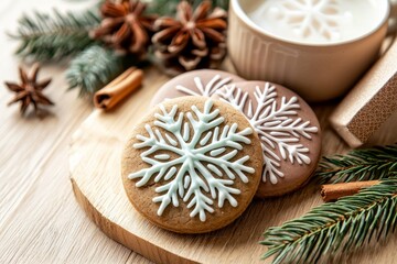 A plate of cookies with a snowflake design sits on a wooden table next to a cup