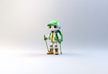 Fototapeta premium A small, white, cartoon robot wearing a green hat, jacket, and boots, and holding two hiking poles.