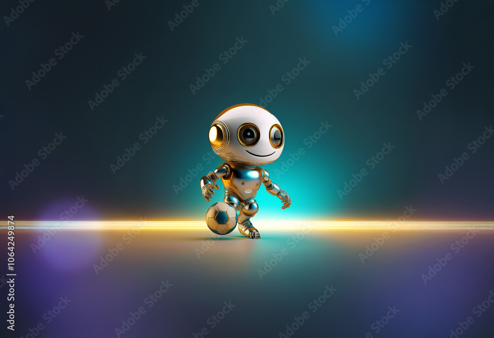 Poster a small, white and gold robot with a friendly expression walks across a stage lit by colored lights.