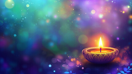 Colorful happy diwali diya oil lamp with flame festive bokeh lights copy space hindu festival celebration