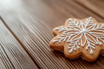 A gingerbread snowflake sits on a wooden table