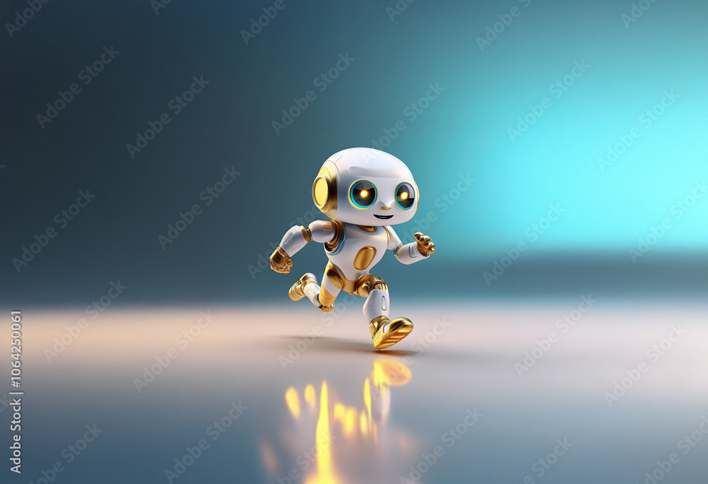Poster a white and gold robot with large eyes runs across a reflective surface. the robot is in the foregro