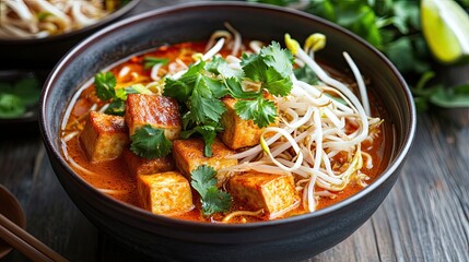 Spicy Tofu Noodle Soup with Bean Sprouts and Cilantro