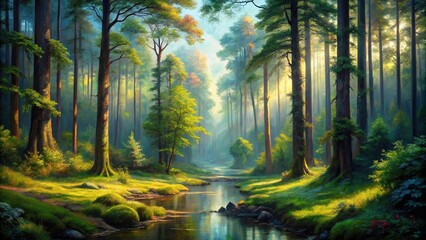 Obraz premium Forest landscape painting done with oil paint using forced perspective technique