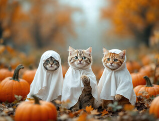 Adorable Kittens in Ghost Costumes with Pumpkins for Halloween