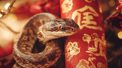 Obraz premium Realistic close-up photo of a snake coiled around a traditional Chinese New Year scroll with elegant calligraphy. Tradition,mystical, fortune, luck, prosperity,feng shui,Chinese zodiac,Asian decor