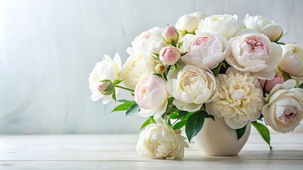 Freshly cut peonies in a elegant white and cream color arrangement, garden roses, cream colored flowers