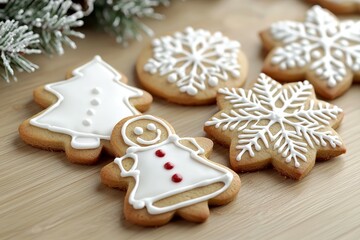 A group of white and red cookies with a woman and a snowflake on them