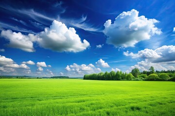 Obraz premium Green lush meadow under a clear summer sky with few puffy white clouds, countryside views, rural charm, fresh air feeling, peaceful atmosphere