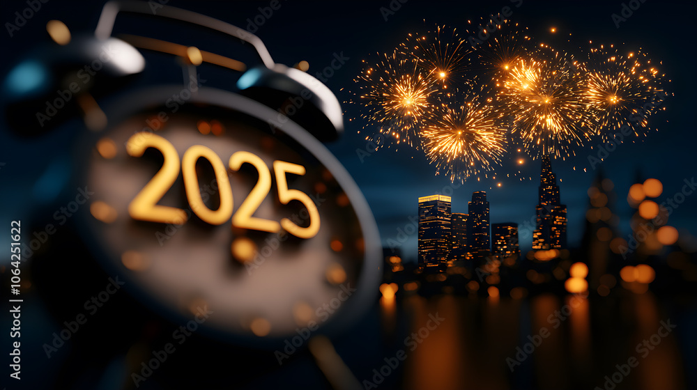 Poster a clock with the number 25 on it is surrounded by fireworks
