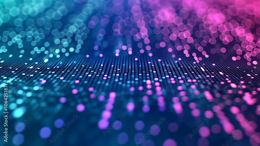 Poster vibrant digital abstract background with pink and blue light bokeh and grid pattern, suitable for te