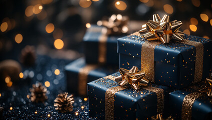 Blue gift boxes with gold ribbons set in a festive atmosphere, perfect for Christmas and New Year celebrations, featuring ample copy space for invitations or promotions.