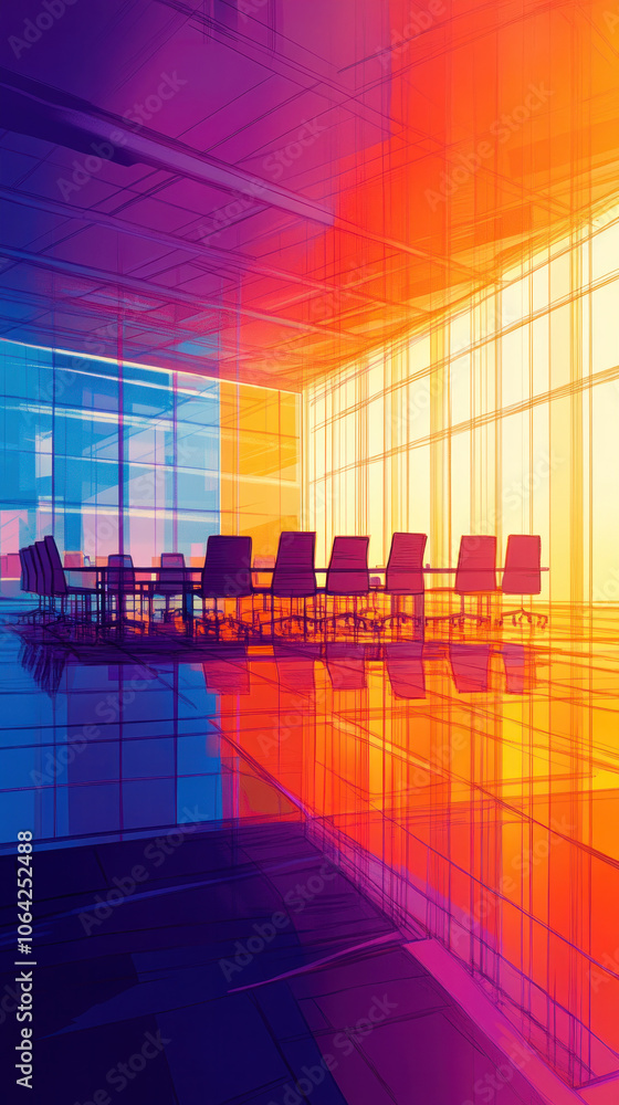 Aufkleber a colorful room with a large table and chairs. the chairs are arranged in a semi-circle around the t