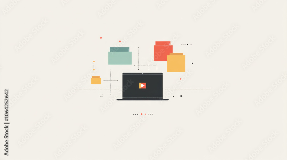 Poster a laptop with a video playing on it. the laptop is surrounded by several colorful folders, which are