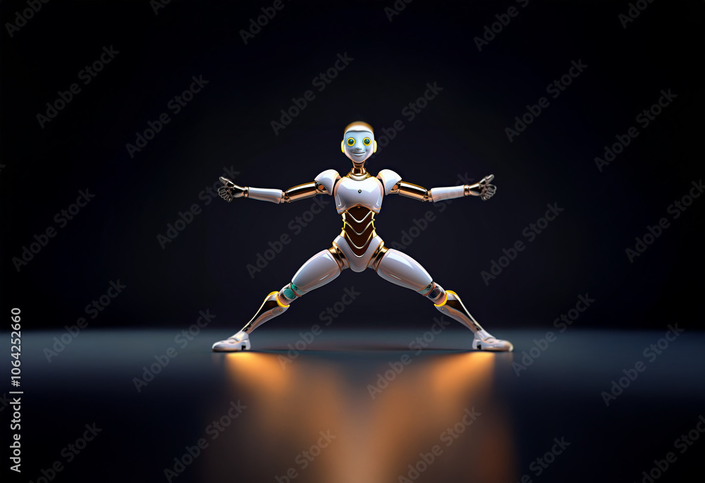 Poster a white and gold humanoid robot stands in a wide stance with arms outstretched in a dark setting. th