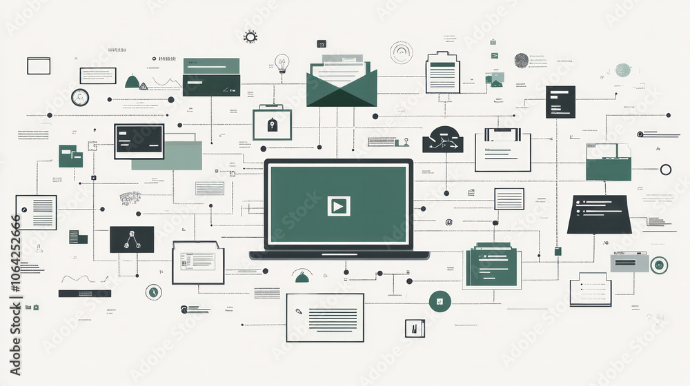 Poster a computer screen with many icons and a green box with the word 