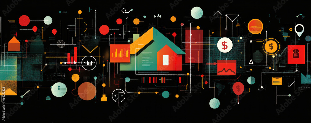 Poster a colorful image of a house with a bunch of other shapes and numbers surrounding it. the image is me
