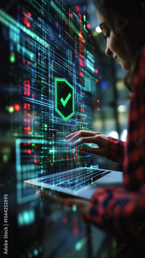 Poster a woman is typing on a laptop with a green check mark on the screen. concept of security and trust, 