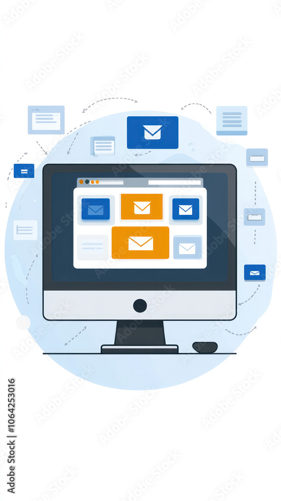 Poster a computer monitor with a lot of emails on it. the computer monitor is on a white background