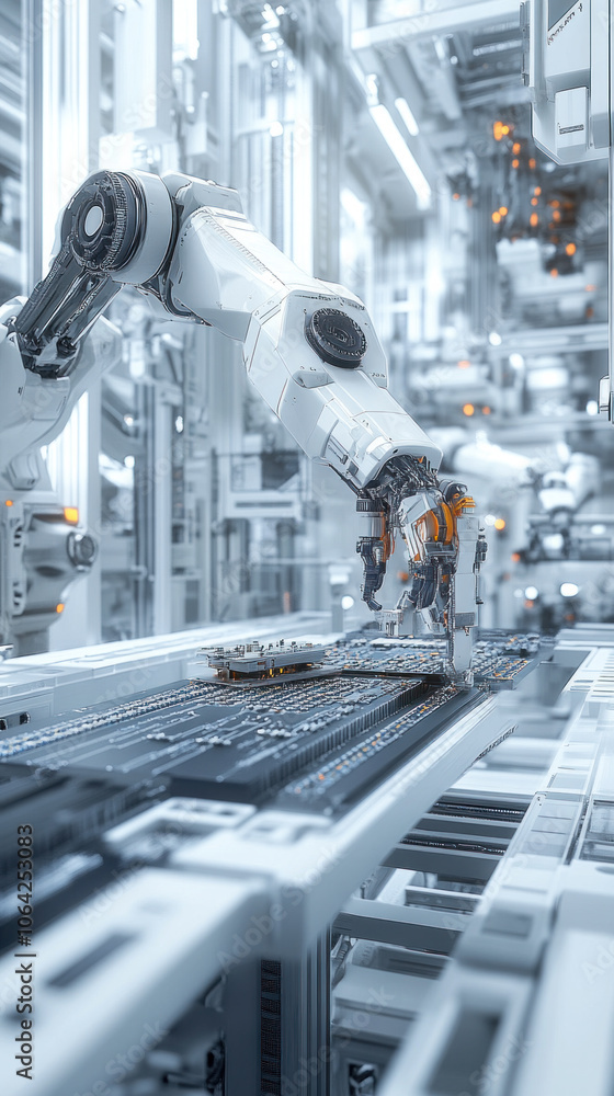 Poster a robot is working on a piece of machinery in a factory. the robot is white and has a metallic appea