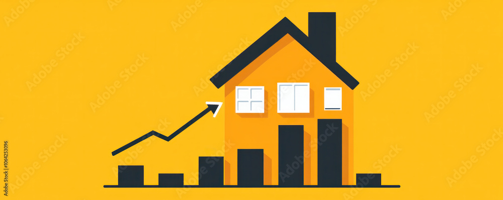 Poster a house is shown with a graph that is rising. the graph is showing the increase in value of the hous