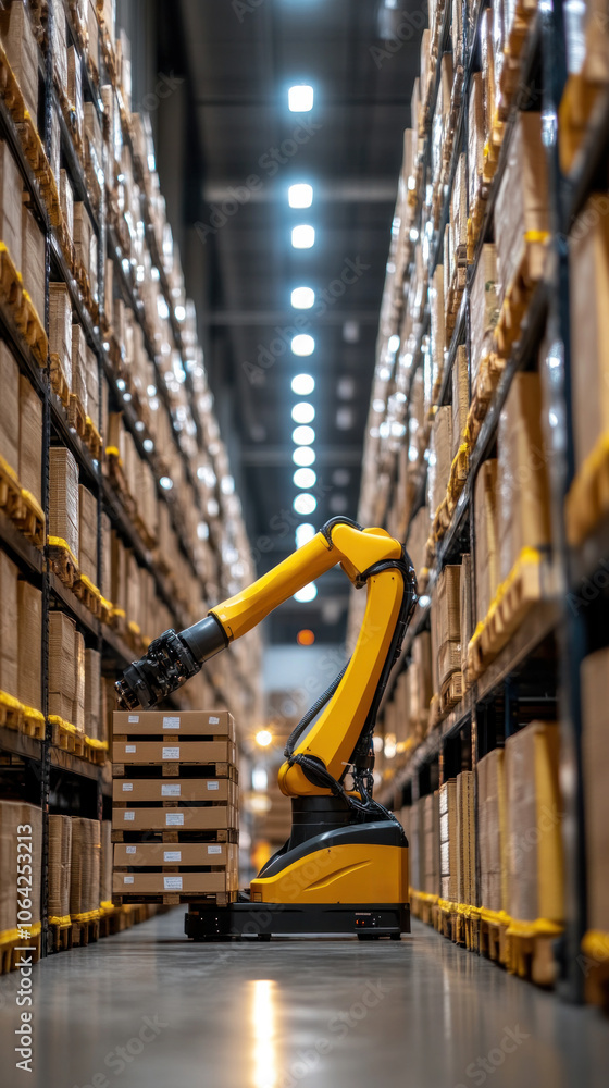 Poster a robot is in a warehouse, picking up boxes. the robot is yellow and has a long arm. the warehouse i