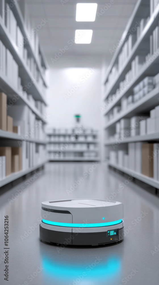 Aufkleber a robot is standing in the middle of a white aisle in a store. the robot is blue and white in color.
