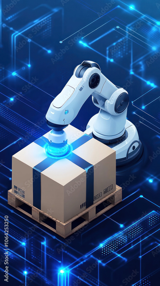Poster a robot is working on a box, and the box is labeled with the letters mcs. the robot is using a blue 