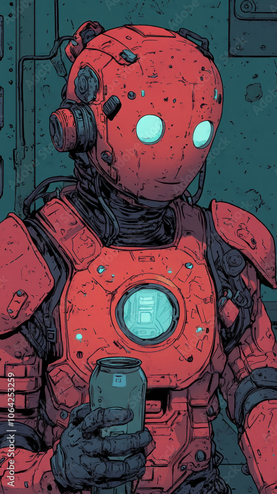 Aufkleber a robot with a red suit and blue eyes is holding a can of beer. the robot has a robotic voice and is