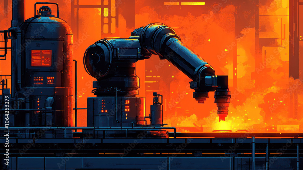 Poster a robot is working in a factory with a lot of smoke and fire. the robot is surrounded by a lot of ma