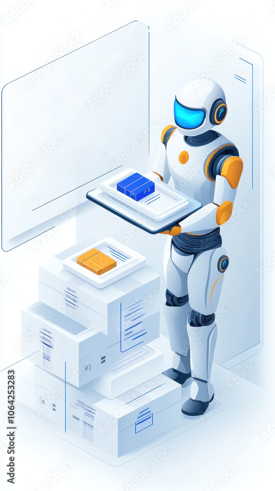 Poster a robot is holding a tablet and standing in front of a stack of boxes. the robot appears to be worki