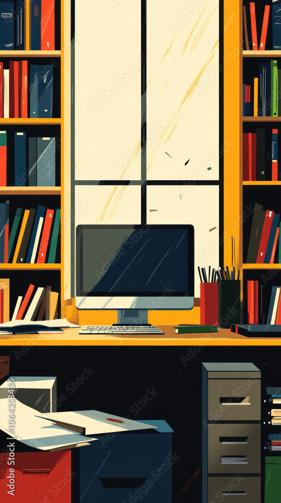 Poster a computer desk with a monitor and a keyboard. the desk is surrounded by bookshelves filled with boo