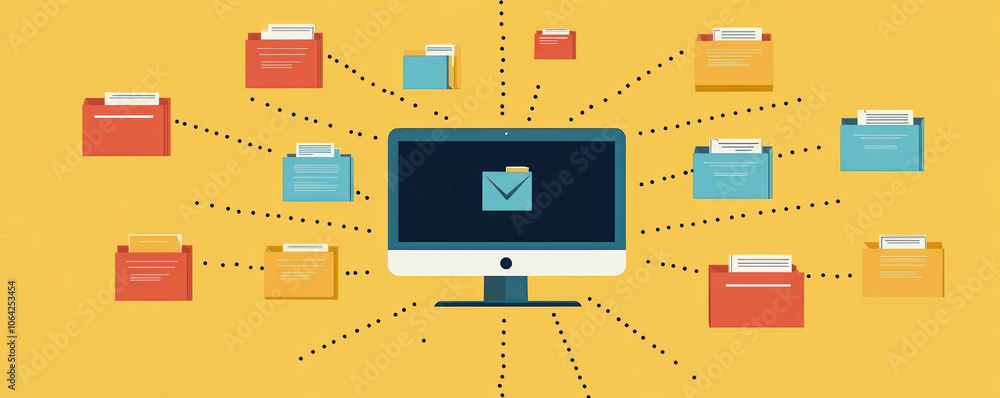 Poster a computer monitor shows a large number of files and folders, with a large envelope in the center. c