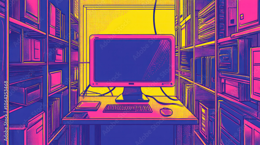 Poster a computer monitor is on a desk in a room with a pink and yellow color scheme. the room is filled wi