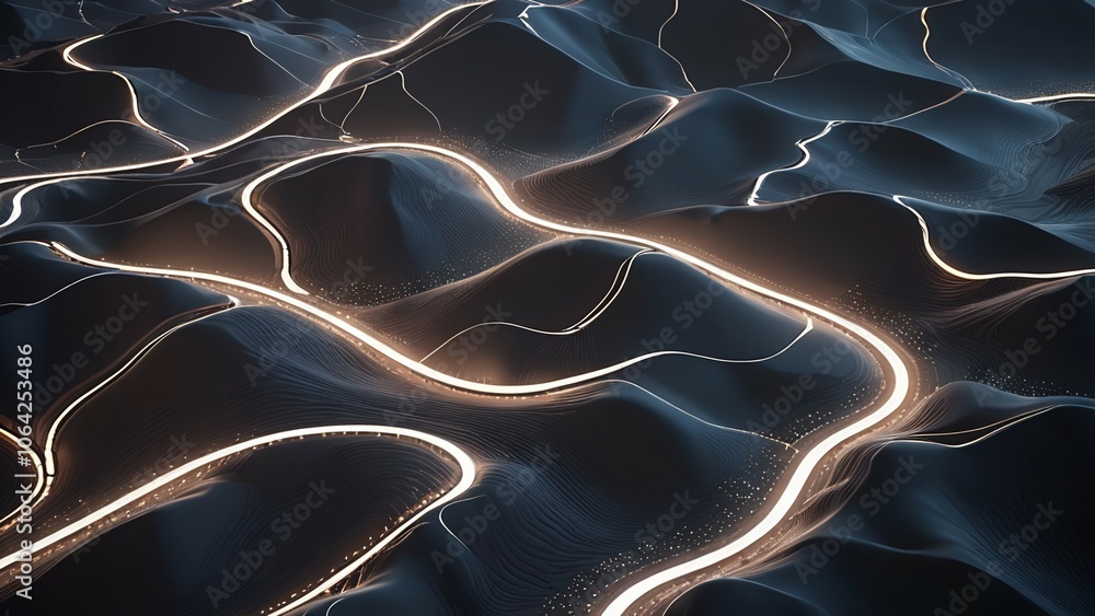 Poster abstract image of curvy luminous lines on a dark background imitating a topographical map.