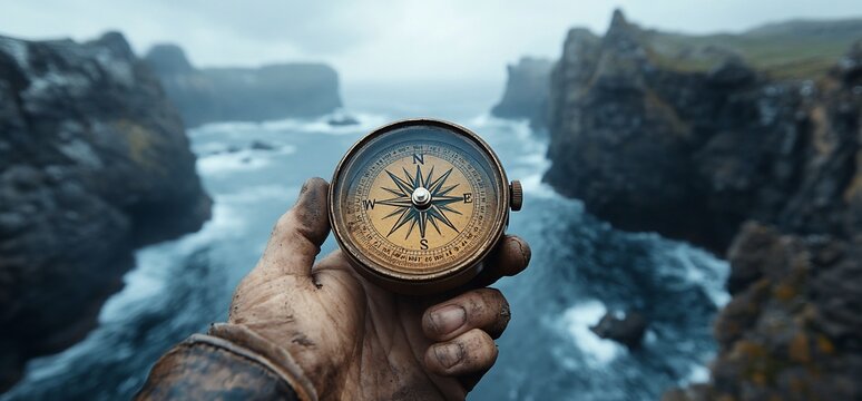 Compass held by hand with an ocean and cliffs in the background.