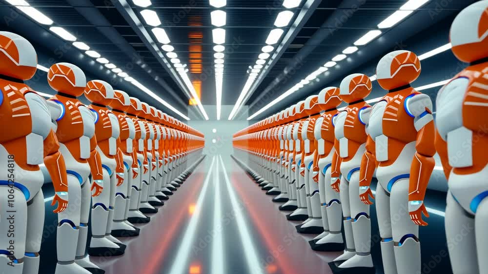 Poster futuristic orange and white robots aligned in endless symmetrical corridor with glowing lights