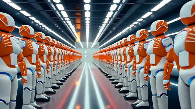 Futuristic Orange and White Robots Aligned in Endless Symmetrical Corridor with Glowing Lights