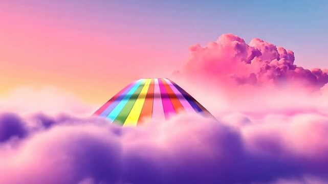 Colorful Rainbow Path in Dreamy Pink Sky with Fluffy Clouds and Sunset Hues, Surreal Fantasy Landscape for Imaginative Design, Concept Art, and Dreamlike Visuals