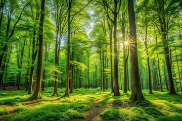 Fototapeta premium lush green forest landscape with tall trees and vibrant foliage, trees, forest, vegetation