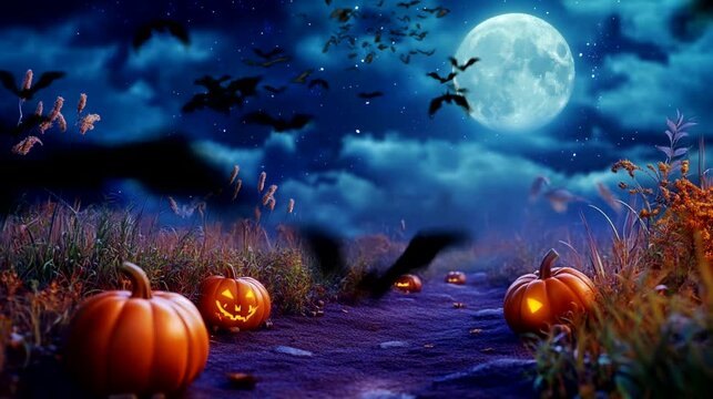 A glowing pumpkin patch under the Halloween moon. Seamless looping time-lapse virtual 4k video animation background