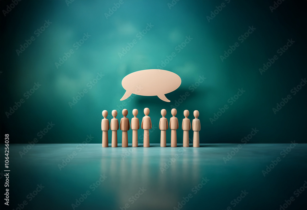 Poster a row of wooden figures stand before a large speech bubble against a teal background.