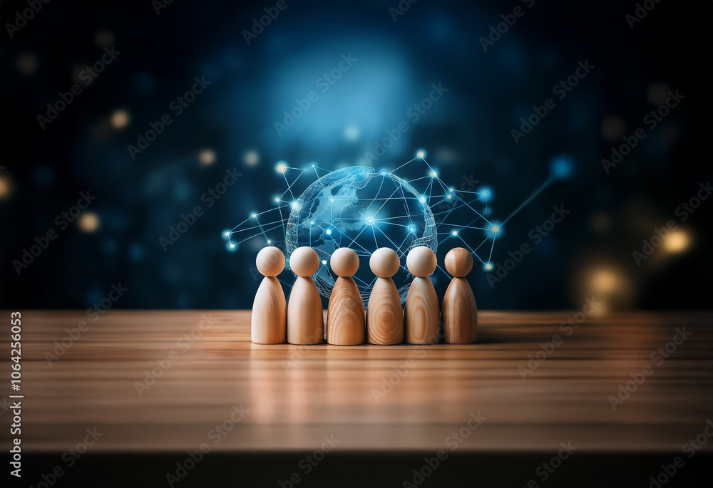 Poster wooden figures stand in front of a glowing globe, representing a global network.