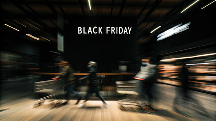 cinematic shot of Black Friday event in store, showcasing excitement and movement