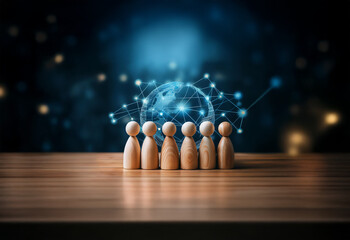 Wooden figures stand in front of a glowing globe, representing a global network.